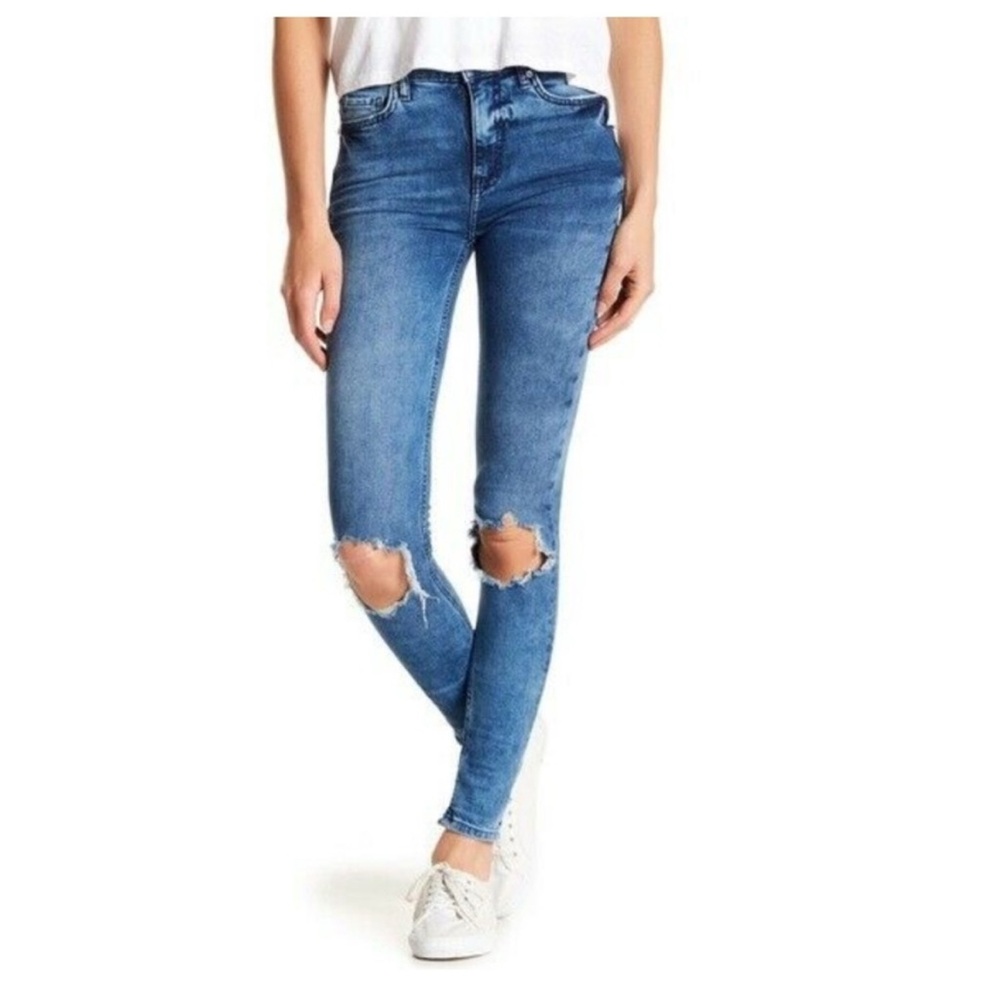 Free People Skinny Ripped Knee Blue Stretch Denim Jeans High Waisted Ankle Crop